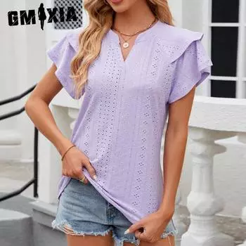 GMXIA женские модные повседневные летние однотонные двухэтажные свободные блузки с v-образным вырезом и коротким рукавом с v-образным вырезом S белый