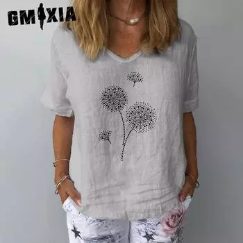 GMXIA женские модные повседневные летние однотонные хлопковые блузки с v-образным вырезом и короткими рукавами с принтом и свободные рубашки