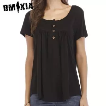 GMXIA женские модные повседневные летние однотонные плиссированные пуговицы с коротким рукавом и v-образным вырезом, свободные блузки и рубашки S чёрный