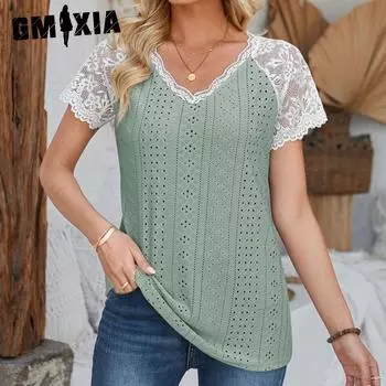 GMXIA женские модные повседневные летние однотонные принты с кружевной строчкой, свободные блузки и рубашки с короткими рукавами и v-образным вырезом S синий