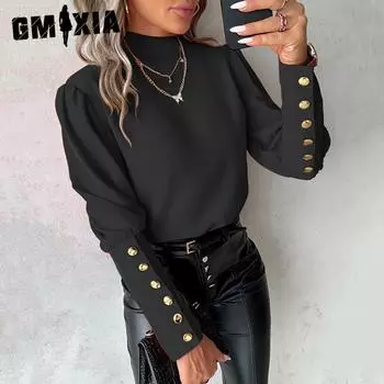 GMXIA женские модные повседневные летние однотонные принты с длинным рукавом, полуводолазка, блузки и рубашки S чёрный