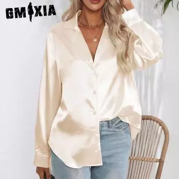 GMXIA женские модные повседневные летние однотонные рубашки-поло с длинным рукавом и принтом, блузки и рубашки S белый
