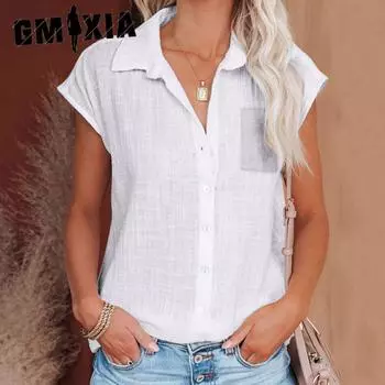 GMXIA женские модные повседневные летние однотонные рубашки-поло с короткими рукавами и воротником с принтом, блузки и рубашки S белый