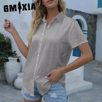 GMXIA женские модные повседневные летние однотонные рубашки-поло с короткими рукавами и воротником с принтом, блузки и рубашки S белый