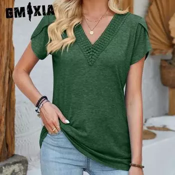 GMXIA женские модные повседневные летние однотонные свободные блузки и рубашки с короткими рукавами и v-образным вырезом с рукавами-лепестками S белый