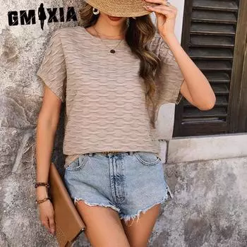 GMXIA женские модные повседневные летние однотонные свободные блузки и рубашки с рукавами «летучая мышь» и коротким рукавом с круглым вырезом S хаки