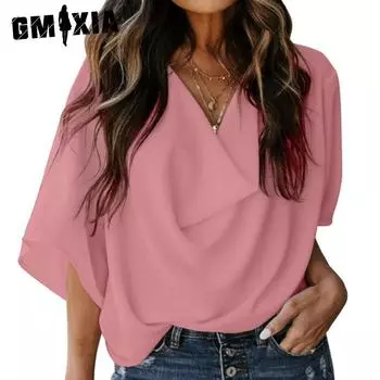 GMXIA женские модные повседневные летние однотонные свободные блузки с рукавами 1/2 и v-образным вырезом и шифоновые рубашки S белый