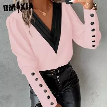 GMXIA женские модные повседневные летние однотонные свободные блузки и рубашки с длинными рукавами и пуговицами с v-образным вырезом S белый