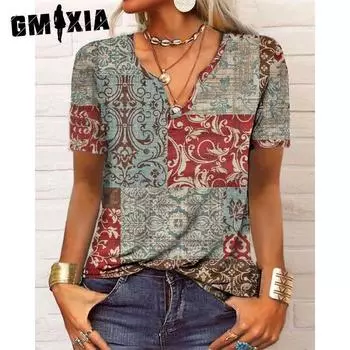 GMXIA женские модные повседневные летние однотонные свободные блузки и рубашки с короткими рукавами и v-образным вырезом с принтом
