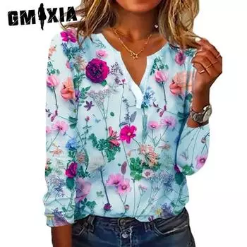 GMXIA женские модные повседневные летние однотонные свободные блузки и рубашки с длинными рукавами и v-образным вырезом с принтом S белый