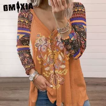 GMXIA женские модные повседневные летние однотонные свободные блузки и рубашки с длинными рукавами и v-образным вырезом с принтом S серый