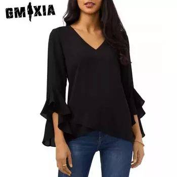 GMXIA женские модные повседневные летние однотонные свободные блузки и рубашки с рукавами 3/4 и v-образным вырезом S чёрный