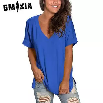 GMXIA женские модные повседневные летние однотонные свободные блузки и рубашки с короткими рукавами и v-образным вырезом с принтом S чёрный