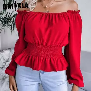 GMXIA Женские модные повседневные летние однотонные узкие блузки с длинными рукавами и сексуальным вырезом, подол с открытыми плечами, шифоновые топы с рюшами S красный