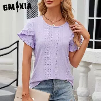 GMXIA женские модные повседневные летние рукава-лепестки весенние однотонные принты с короткими рукавами и v-образным вырезом свободные блузки и рубашки S фиолетовый