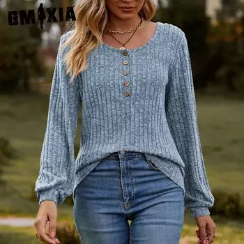 GMXIA женские модные повседневные летние шерстяные однотонные блузки и рубашки с круглым вырезом с длинными рукавами и принтом