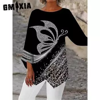 GMXIA женские модные повседневные летние свободные блузки и рубашки с круглым вырезом и длинными рукавами с геометрическим принтом