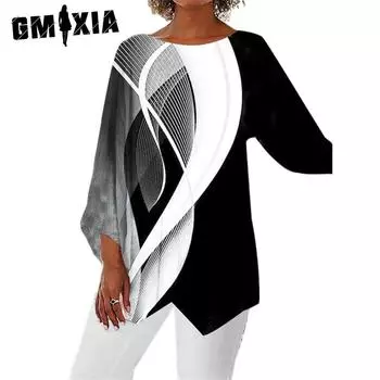 GMXIA женские модные повседневные летние свободные блузки и рубашки с круглым вырезом и длинными рукавами с геометрическим принтом