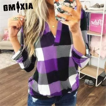 GMXIA Женские модные повседневные летние свободные блузки и рубашки в клетку с длинными рукавами и v-образным вырезом S зелёный