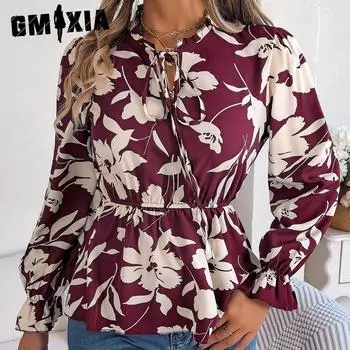 GMXIA женские модные повседневные летние свободные блузки с длинными рукавами и кружевным принтом и шифоновые топы на шнуровке с цветочным принтом S лавандовый