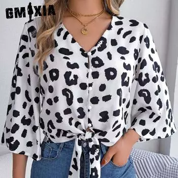 GMXIA женские модные повседневные летние свободные блузки с леопардовым принтом и рукавами 1/2 с v-образным вырезом и шифоновые топы на шнуровке S хаки