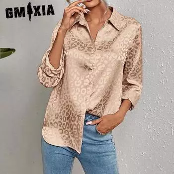 GMXIA женские модные повседневные летние свободные блузки и рубашки с v-образным вырезом и длинным рукавом с леопардовым принтом S золотой