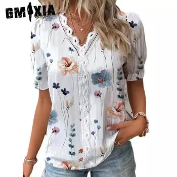 GMXIA Женские модные повседневные летние свободные блузки и рубашки с v-образным вырезом и короткими рукавами с цветочным принтом