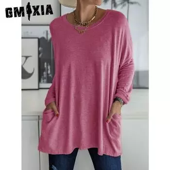 GMXIA женские модные повседневные летние свободные карманные однотонные блузки и рубашки с длинными рукавами и круглым вырезом с принтом S чёрный