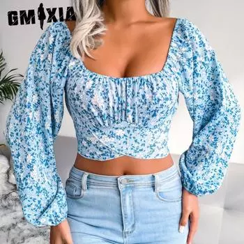 GMXIA женские модные повседневные летние тонкие блузки с квадратным воротником и длинными рукавами и рукавами-фонариками с бантом и цветочным шифоном, укороченные топы, рубашки S белый