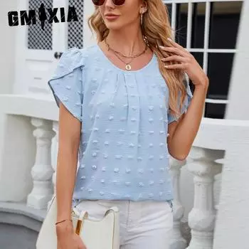 GMXIA женские модные повседневные летние весенние однотонные принты с жаккардовыми рукавами-лепестками и короткими рукавами с круглым вырезом, свободные блузки и рубашки S белый