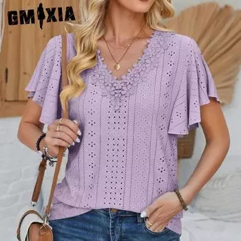 GMXIA женские модные повседневные летние весенние однотонные принты с короткими рукавами и рюшами с v-образным вырезом, свободные блузки и рубашки