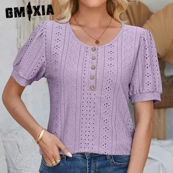 GMXIA женские модные повседневные летние весенние однотонные свободные блузки и рубашки с короткими рукавами и пуговицами с круглым вырезом и круглым вырезом S синий