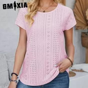 GMXIA женские модные повседневные летние весенние однотонные кружевные блузки с короткими рукавами и круглым вырезом с принтом и круглым вырезом, свободные блузки и рубашки