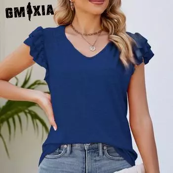 GMXIA женские модные повседневные летние весенние однотонные свободные блузки и рубашки с короткими рукавами и v-образным вырезом с принтом S оранжевый