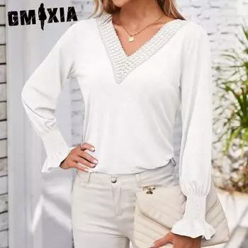 GMXIA женские модные повседневные летние весенние однотонные свободные блузки и рубашки с длинным рукавом и v-образным вырезом с принтом S синий