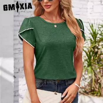 GMXIA женские модные повседневные летние весенние однотонные свободные блузки и рубашки с рукавами-лепестками и короткими рукавами с круглым вырезом S розовый