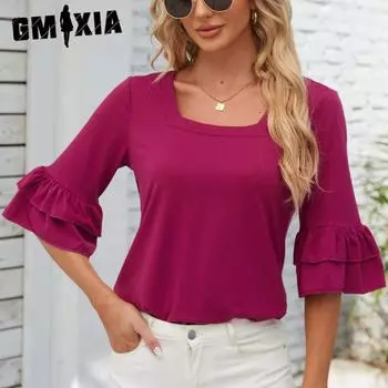 GMXIA женские модные повседневные летние весенние однотонные свободные блузки и рубашки с воланами и рукавами 1/2 с квадратным воротником S белый