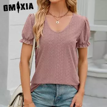 GMXIA женские модные повседневные летние весенние однотонные принты с короткими рукавами и круглым вырезом, свободные складные блузки и рубашки S фиолетовый