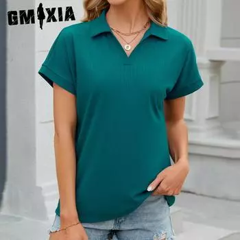 GMXIA женские модные повседневные летние весенние однотонные поло с принтом, свободные блузки и рубашки с коротким рукавом и воротником-поло S белый