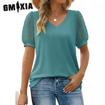 GMXIA женские модные повседневные летние весенние однотонные принты с коротким рукавом, газовые, с пышными рукавами, с v-образным вырезом, свободные блузки и рубашки