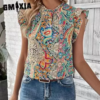 GMXIA Женские модные повседневные летние весенние однотонные блузки и рубашки без рукавов с круглым вырезом и принтом S разноцветный