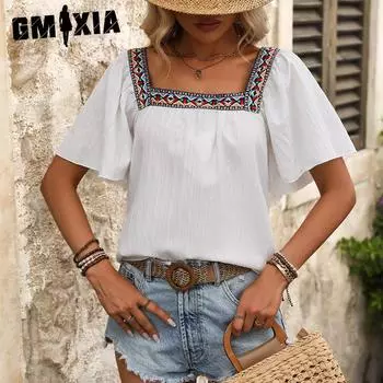 GMXIA Женские модные повседневные летние весенние однотонные блузки и рубашки с квадратным воротником и короткими рукавами с принтом S белый