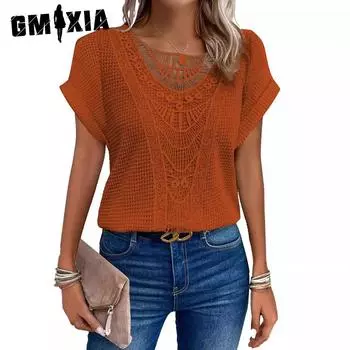 GMXIA Женские модные повседневные летние весенние однотонные блузки и рубашки с короткими рукавами и круглым вырезом с принтом S