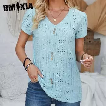 GMXIA женские модные повседневные летние весенние свободные блузки и рубашки с короткими рукавами и v-образным вырезом на пуговицах и рукавах-лепестках S синий