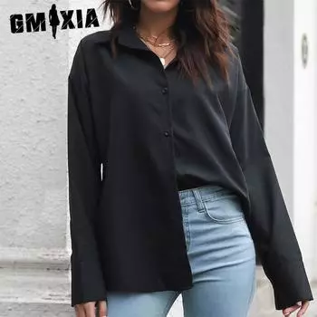 GMXIA Женские модные повседневные однотонные блузки и рубашки-поло с длинным рукавом с принтом S белый