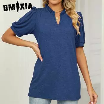GMXIA Женские модные повседневные однотонные блузки и рубашки с короткими рукавами и v-образным вырезом с принтом S белый