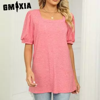 GMXIA женские модные повседневные однотонные блузки и рубашки с короткими рукавами и квадратным воротником с принтом S белый