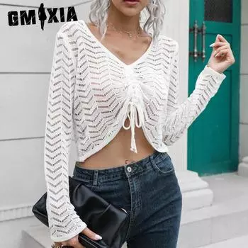 GMXIA Женские модные повседневные однотонные блузки и рубашки с длинным рукавом и v-образным вырезом с принтом S чёрный