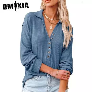 GMXIA Женские модные повседневные однотонные блузки и рубашки с длинным рукавом и v-образным вырезом с принтом S чёрный