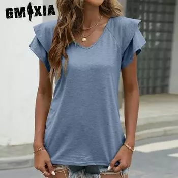 GMXIA Женские модные повседневные однотонные блузки и рубашки с длинным рукавом и v-образным вырезом с принтом S чёрный